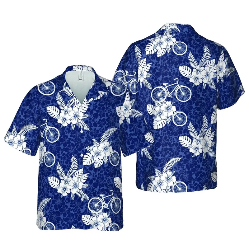 Seamless Tropical Hawaiian Pattern: White Bicycles, Hibiscus, Monstera Leaves, Navy Floral Short-sleeve Hawaiian Shirt - 1