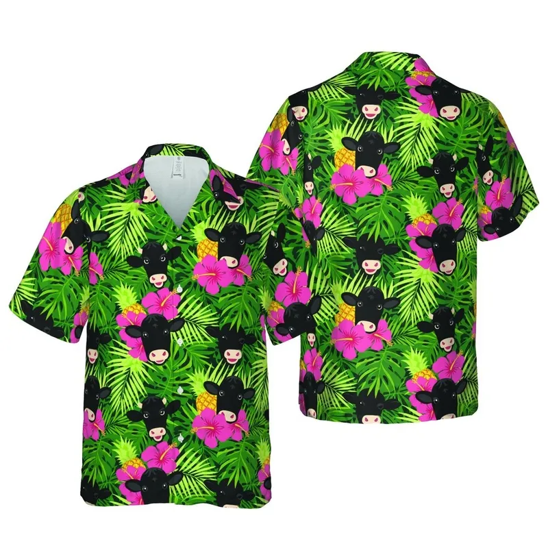 Angus Lover Black Angus Heads High Contrast Pink Hibiscus Golden Pineapple Monstera Palm Fabric Short-sleeve Hawaiian Shirt - 1