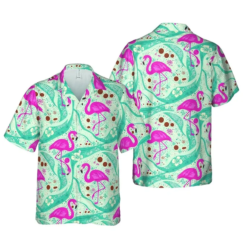 Unisex Pink Flamingo Hawaiian Teal Blue Wavy Floral Cream Dot Mosaic Short-sleeve Hawaiian Shirt - 1