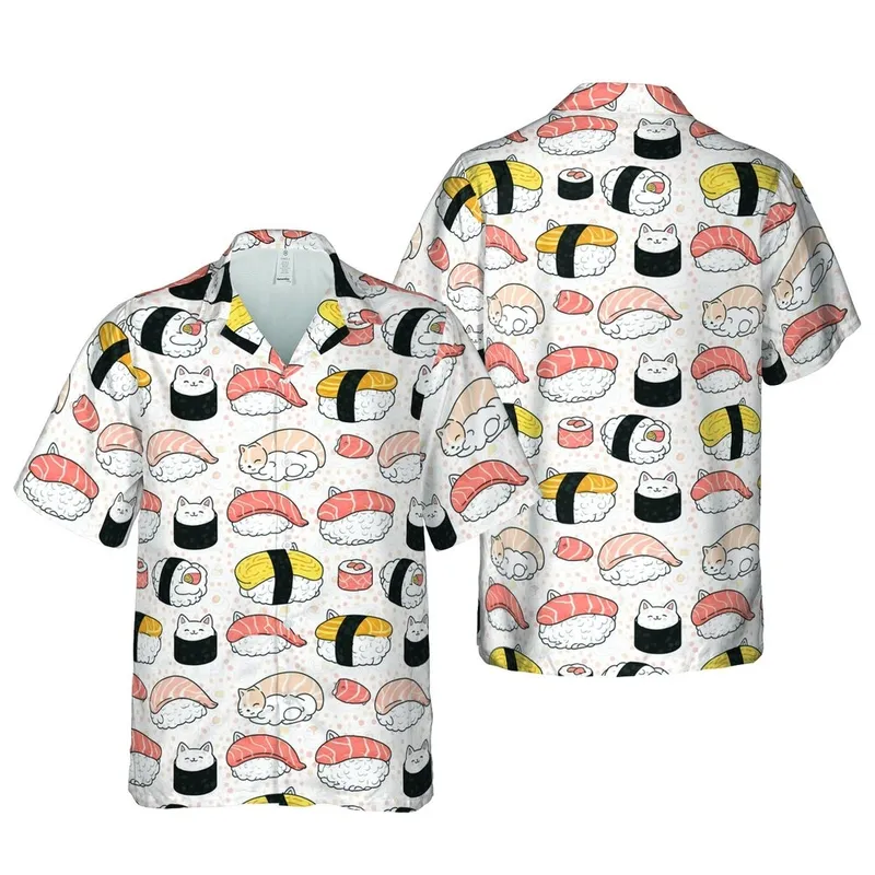 Cat Sushi Nigiri & Maki Pattern: Salmon, Rice, Peach Polka Dots Textile Print Short-sleeve Hawaiian Shirt - 1