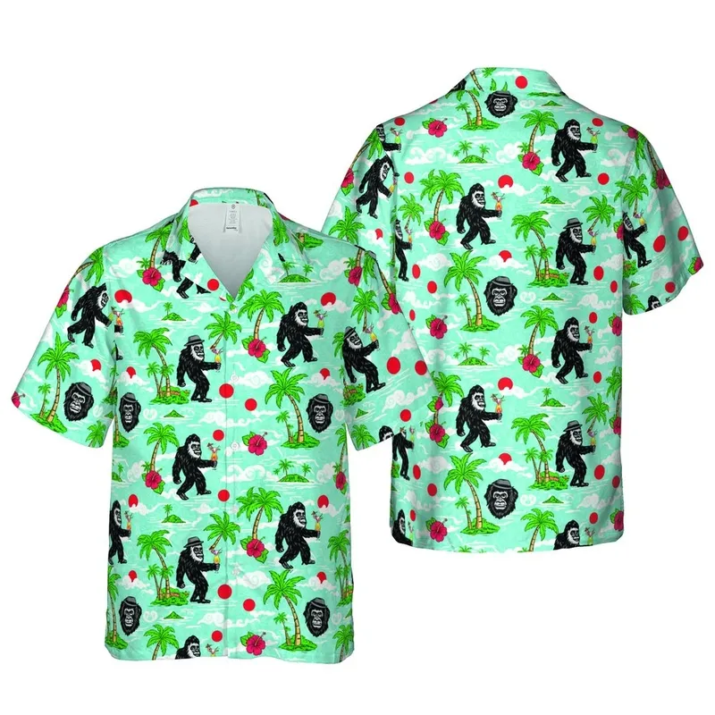 Seamless Bigfoot Sasquatch Tropical Cocktails Fedora Palm Hibiscus Ocean Short-sleeve Hawaiian Shirt - 1