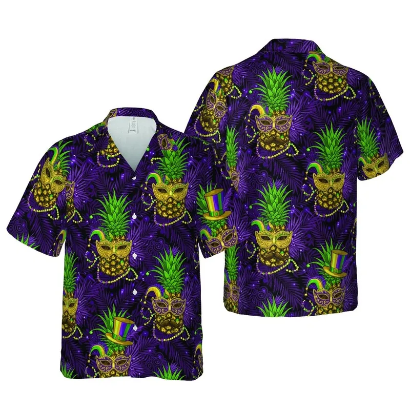 Mardi Gras Pineapple Mask Jester Hat Purple Green Gold Palm Frond Pattern Short-sleeve Hawaiian Shirt - 1