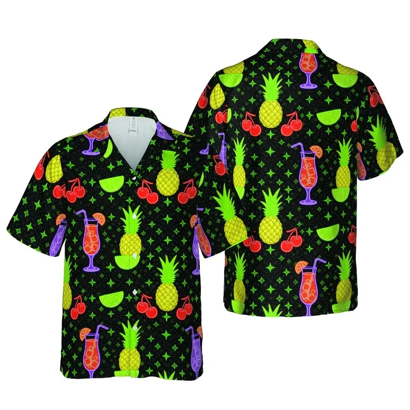 Neon Outline Tropical Cocktails Pineapple Cherry Lime Black Starry Textile Pattern Short-sleeve Hawaiian Shirt - 1