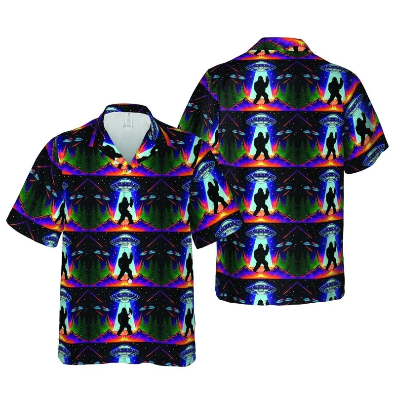 Sasquatch Black Silhouette Peace Sign UFO Celestial Nebula Hawaiian Forest Mountain Short-sleeve Hawaiian Shirt - 1