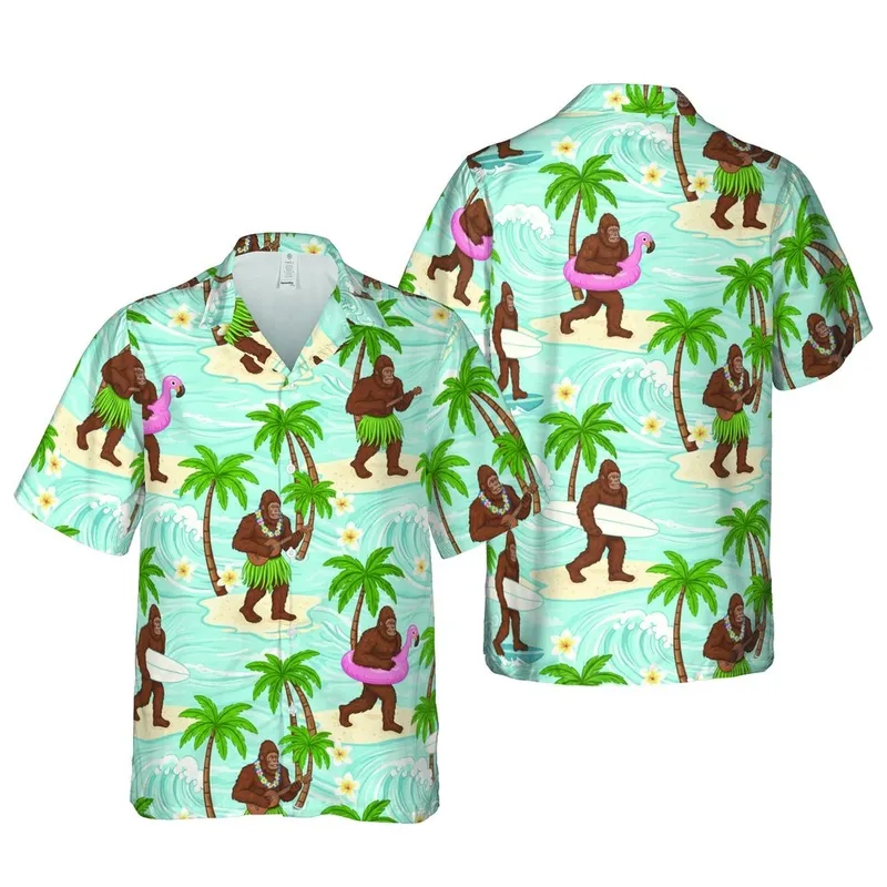 Bigfoot Sasquatch Edge-to-Edge Hawaiian Pattern Surfing Ukulele Palm Trees Ocean Waves Short-sleeve Hawaiian Shirt - 1