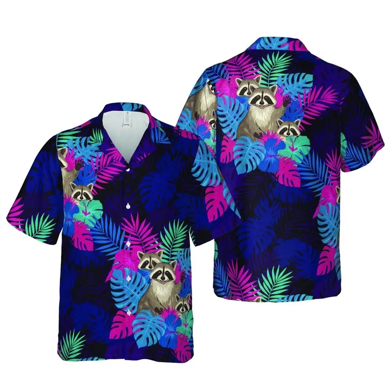 Posing Raccoons Hawaiian Botanical Blue Magenta Foliage Pattern Short-sleeve Hawaiian Shirt - 1