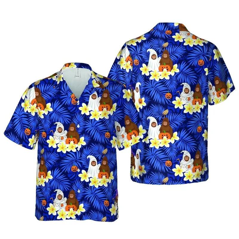 Bigfoot Hawaiian Halloween: Witch Ghost Mummy, Jack-O'-Lantern, Indigo Palm Hibiscus Short-sleeve Hawaiian Shirt - 1