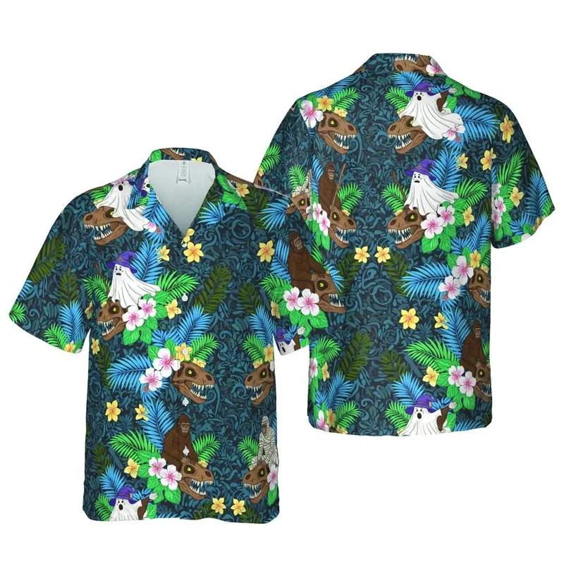 Costumed Bigfoot Dinosaur Skull Scene: Mummy Ghost Witch Tropical Palm Hibiscus Plumeria Short-sleeve Hawaiian Shirt - 1