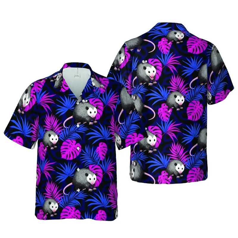 Virginia Opossum Palm Monstera Foliage Electric Blue Fuchsia Black Pattern Short-sleeve Hawaiian Shirt - 1