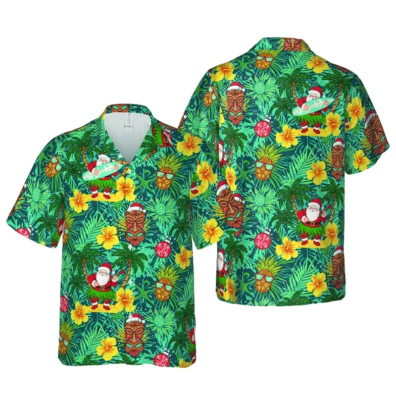 Hula Santa & Surfing Santa Tropical Christmas Tiki Hibiscus Teal Botanical Design Short-sleeve Hawaiian Shirt - 1