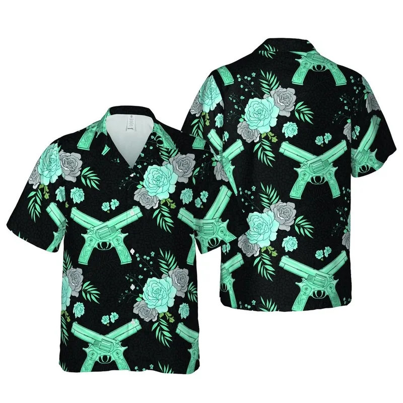 Blue Cyan Roses, Metallic Teal Handguns, Engraved Grips, Deep Black Mosaic Short-sleeve Hawaiian Shirt - 1