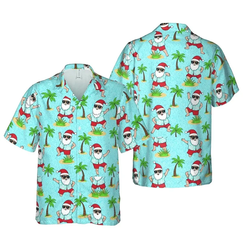 Santas Wearing Hawaiian Shirts Dancing Tropical Palm Trees Sand Blue Background Pattern Short-sleeve Hawaiian Shirt - 1
