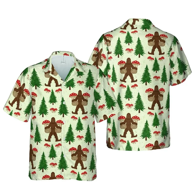 Bigfoot Walking Red Cap Mushroom Basket Hawaiian Evergreen Tropical Design Short-sleeve Hawaiian Shirt - 1
