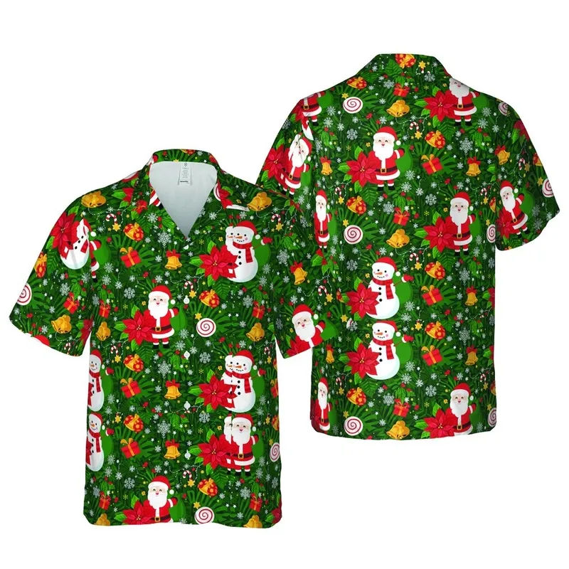 Santa Snowman Reindeer Poinsettia Holly Snowflakes Pinecones Hawaiian Fabric Print Short-sleeve Hawaiian Shirt - 1