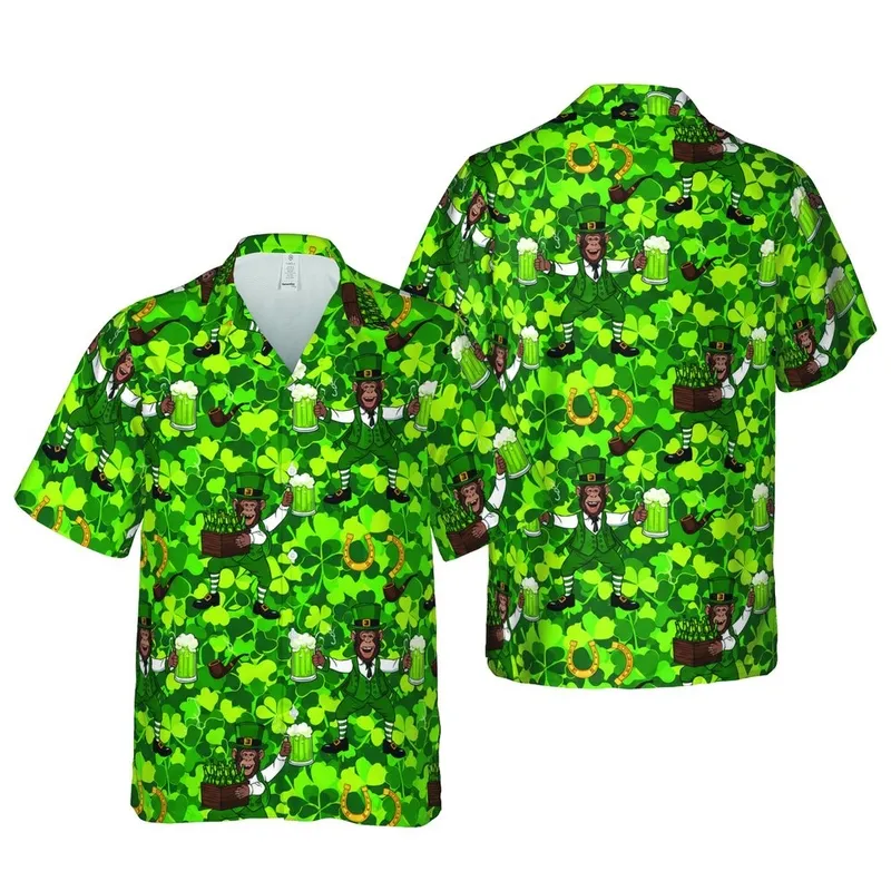 Hawaiian Hairy Ape Leprechaun Green Suit Beer Mug Shamrock Coin Clover Design Short-sleeve Hawaiian Shirt - 1