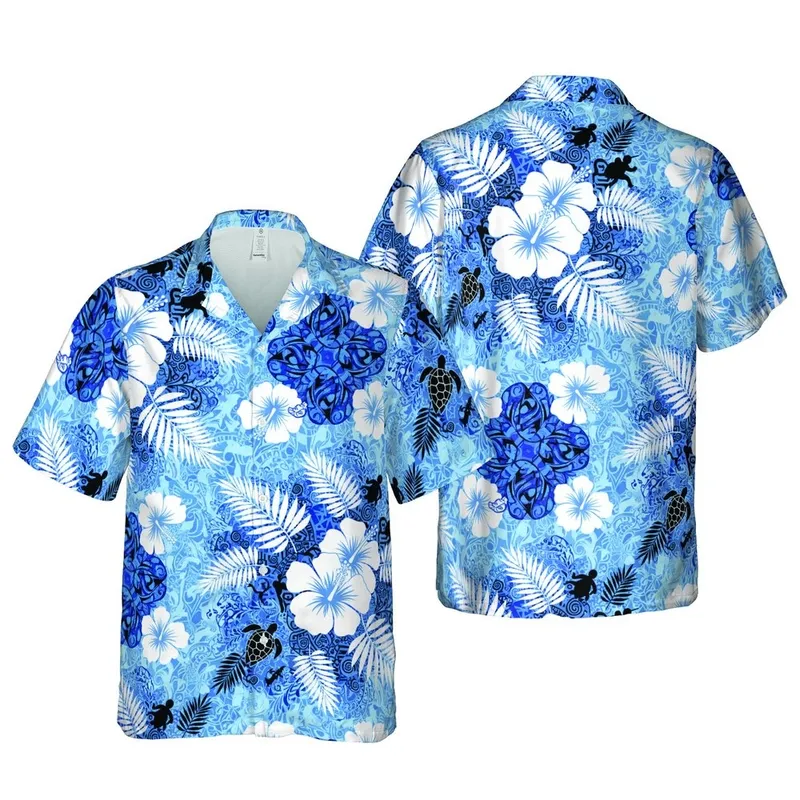 Hawaiian Tribal Honu Design: White Hibiscus, Monstera, Blue Swirl Background Short-sleeve Hawaiian Shirt - 1