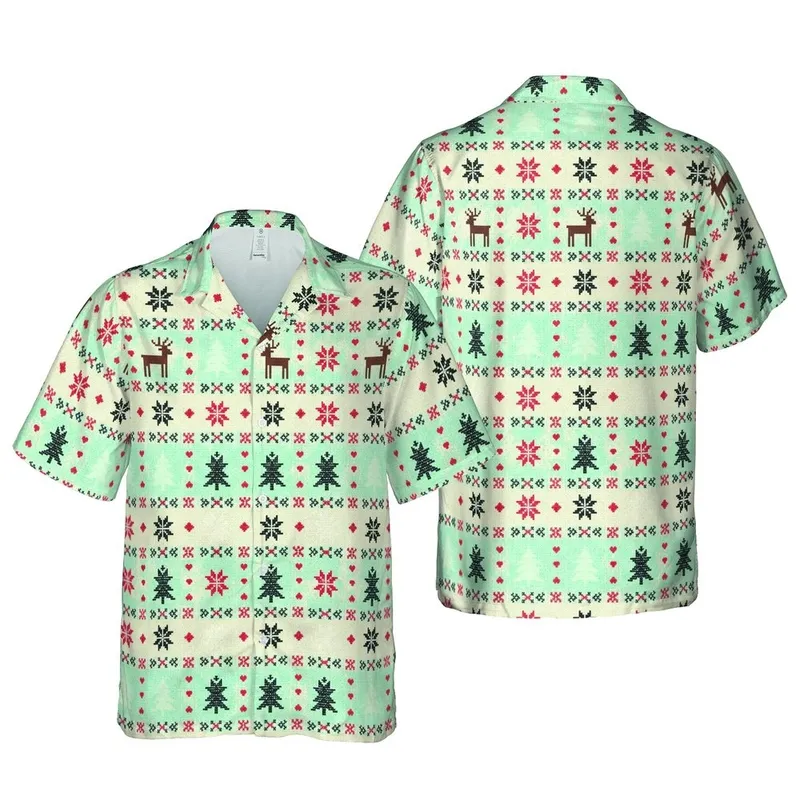 Hawaiian Brown Reindeer Blue-Green Trees Snowflake Heart Motif Pixel Knit Cream Sky Short-sleeve Hawaiian Shirt - 1
