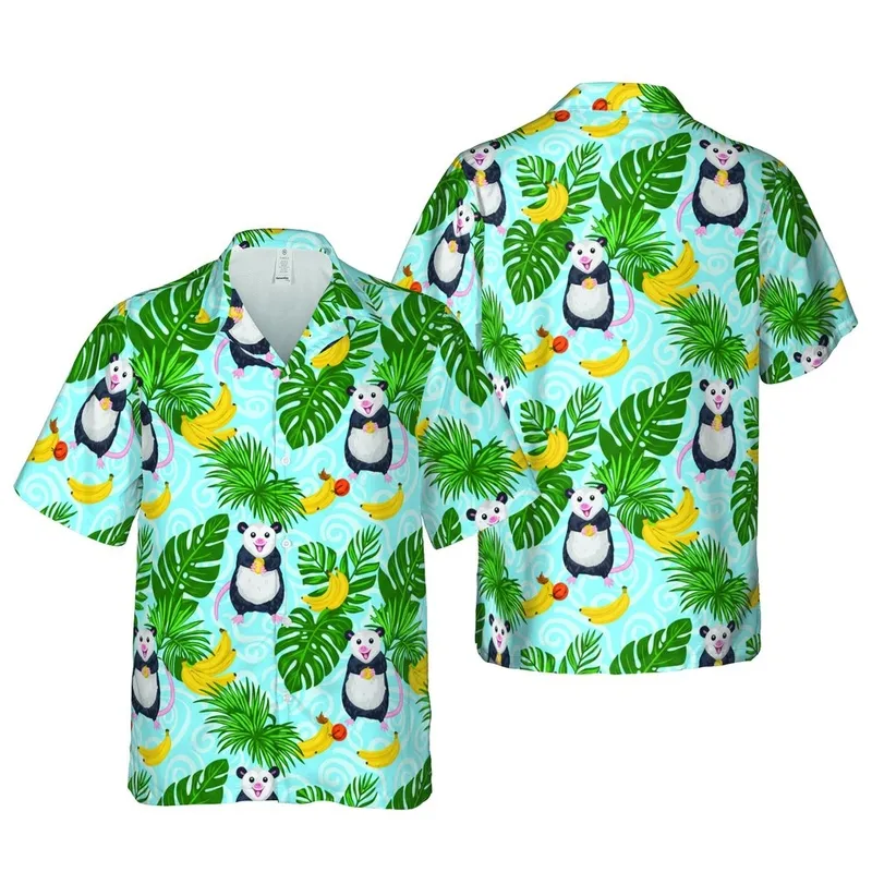 Opossum Lover Hawaiian Banana Palm Leaf Light Sky Blue Water Swirl Fabric Pattern Short-sleeve Hawaiian Shirt - 1