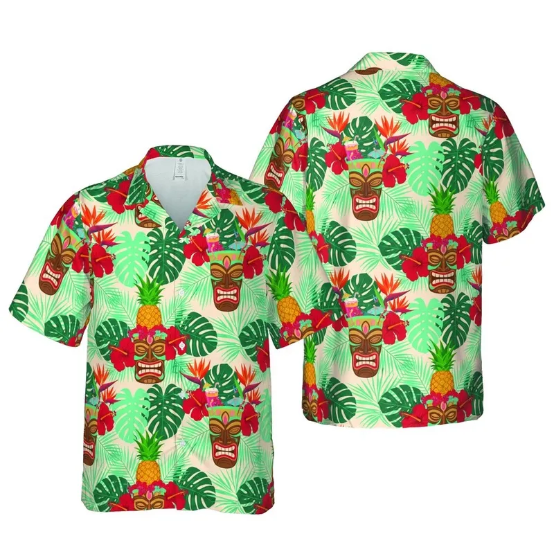 Hawaiian Tiki Mask Pineapple Red Hibiscus Palm Monstera Teal Green Pattern Short-sleeve Hawaiian Shirt - 1