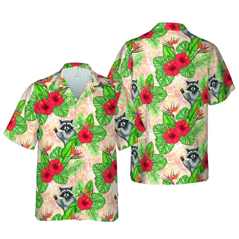 Raccoon Waving Peeking Hawaiian Hibiscus Bird Of Paradise Foliage Peach Wash Pattern Short-sleeve Hawaiian Shirt - 1