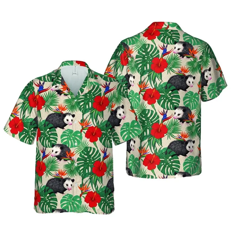 American Opossum Hawaiian Pattern: Snarling, Peace Sign Opossums, Monstera & Tan Mosaic Short-sleeve Hawaiian Shirt - 1