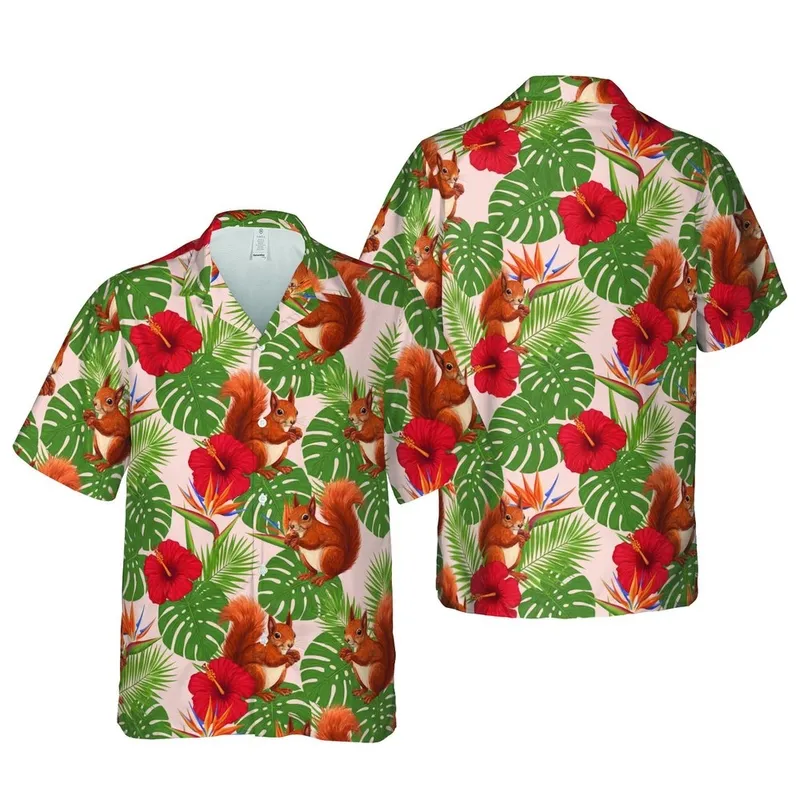 Realistic Red Squirrel Hibiscus Bird Paradise Monstera Palm Pink-Beige Seamless Pattern Short-sleeve Hawaiian Shirt - 1