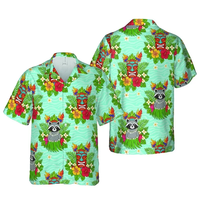 Raccoon Tiki Mask Hawaiian Fabric: Dancing Grass Skirts Leis Hibiscus Plumeria Sublimation Short-sleeve Hawaiian Shirt - 1