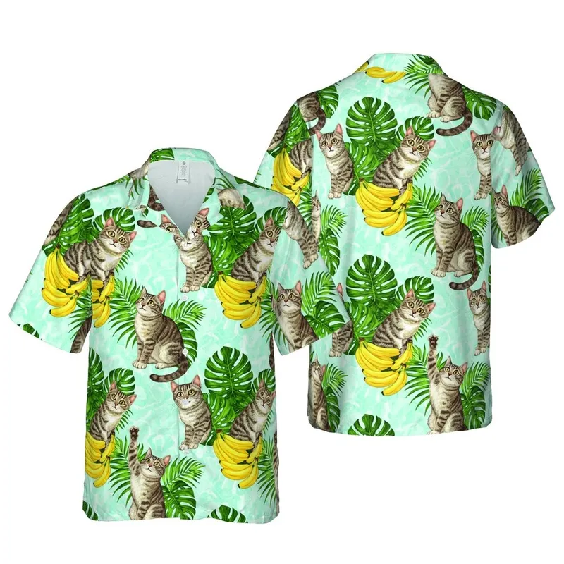 Tabby Cats Tropical: Realistic Felines, Yellow Bananas, Green Palm Fronds, Aqua Water Short-sleeve Hawaiian Shirt - 1