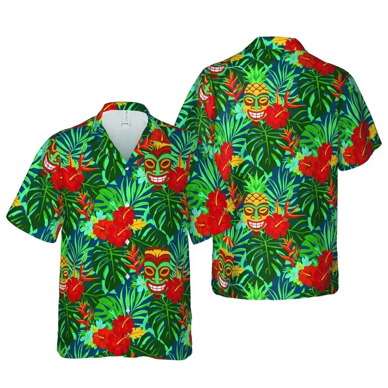 Seamless Hawaiian Tiki Mask Pineapple Hibiscus Heliconia Monstera Palm Leaf Pattern Short-sleeve Hawaiian Shirt - 1