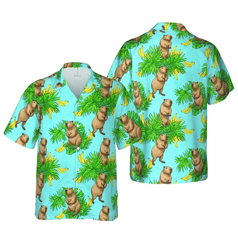 Photorealistic Capybara Hawaiian Pattern Design with Bananas & Palm Fronds Textile Print Short-sleeve Hawaiian Shirt - 1