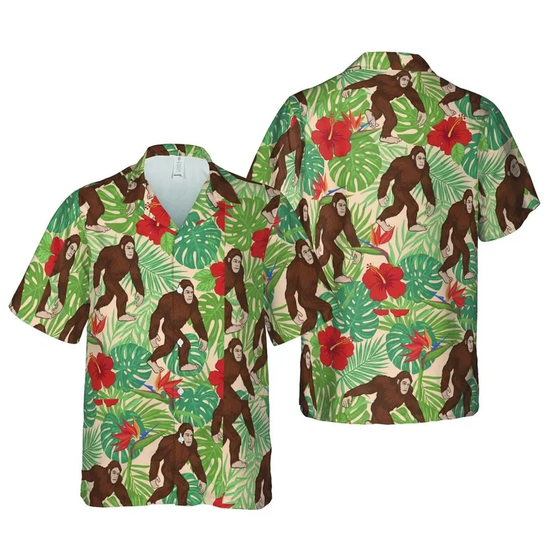 Bigfoot Sasquatch Hawaiian Red Hibiscus Bird of Paradise Teal Green Foliage Design Short-sleeve Hawaiian Shirt - 1