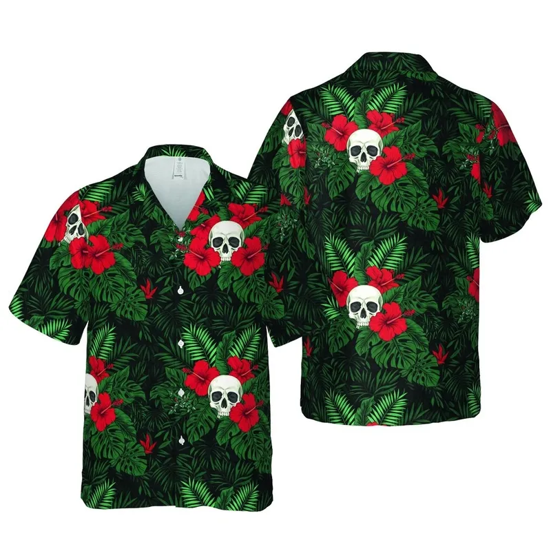 Seamless Hawaiian Skull Print: Realistic Skulls, Red Hibiscus, Dark Jungle Foliage Short-sleeve Hawaiian Shirt - 1