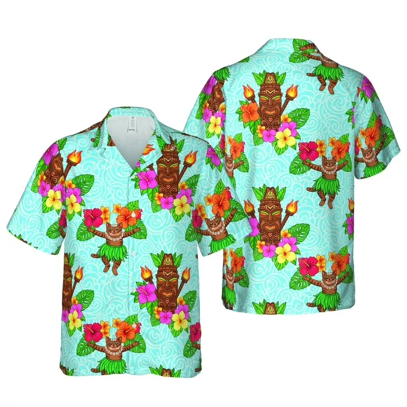 Hula Tabby Cats & Tiki Masks: Tropical Hibiscus Plumeria Water Wave Fabric Design Short-sleeve Hawaiian Shirt - 1