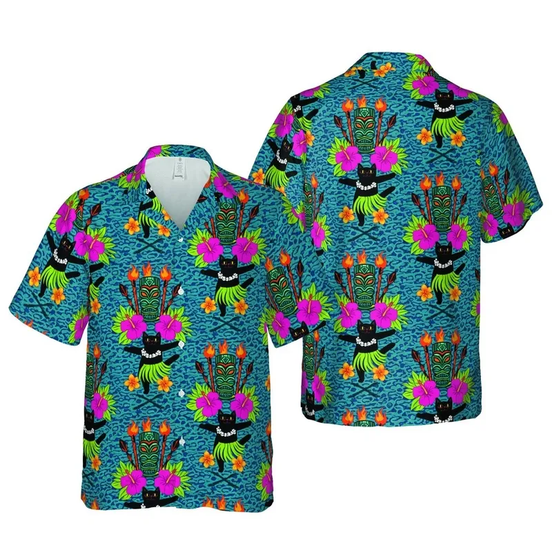 Black Cat Hula Dancers Hawaiian Tiki Mask Hibiscus Plumeria Water Ripples Short-sleeve Hawaiian Shirt - 1