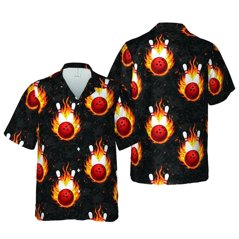 White Bowling Pins Red Ball Orange Flames Dark Smoky Gradients Hawaiian Print Short-sleeve Hawaiian Shirt - 1