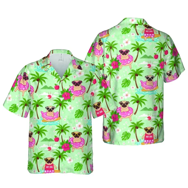 Pug Owner Surfing Pugs Flamingo Donut Floaties Palm Tree Hibiscus Ocean Island Design Short-sleeve Hawaiian Shirt - 1