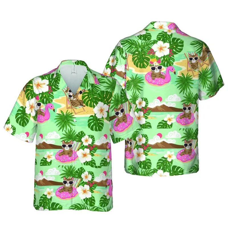 Tabby Cats Sunglasses Floatie: Crowned Feline Palm Hibiscus Botanical Sand Water Pattern Short-sleeve Hawaiian Shirt - 1