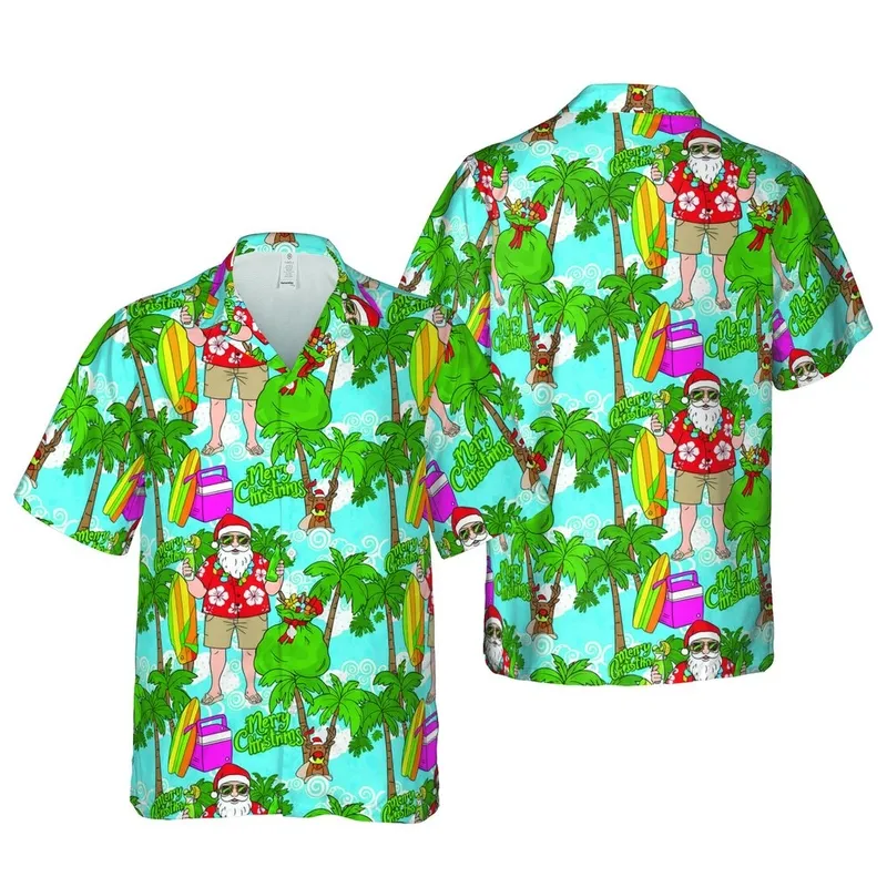 Santa Claus Tropical Beach Reindeer Holiday Scene - Palm Trees, Surfboards, Cocktail Short-sleeve Hawaiian Shirt - 1