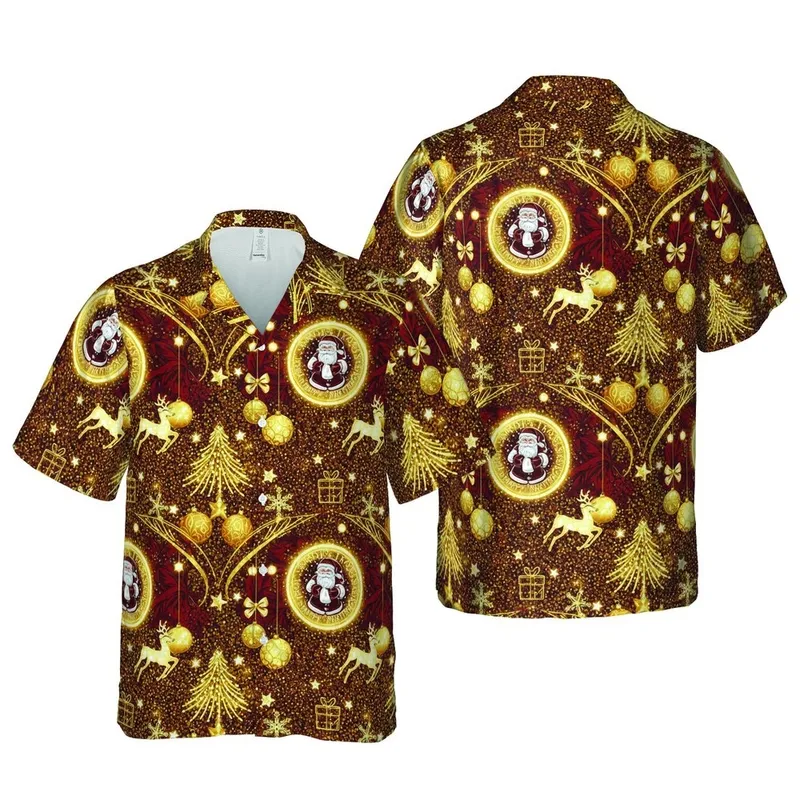 Santa Reindeer Hawaiian Golden Wreath Christmas Tree Bauble Text Tile Print Short-sleeve Hawaiian Shirt - 1