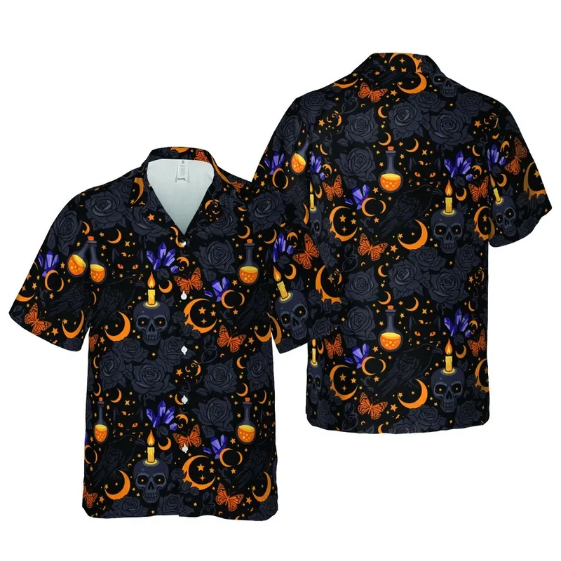 Hawaiian Skulls Cat Faces Ravens Potion Orange Butterflies Dark Crystal Pattern Short-sleeve Hawaiian Shirt - 1