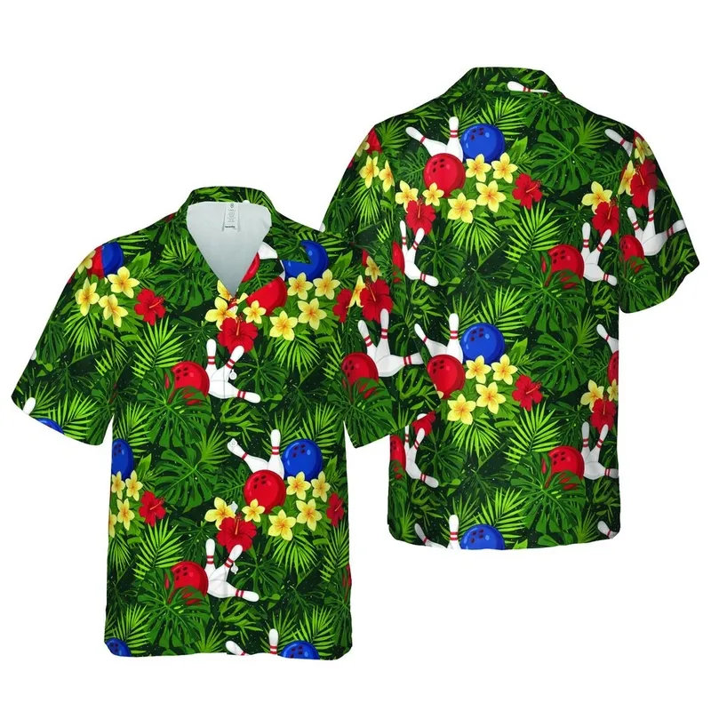 Bowling Hawaiian Pattern: Shiny Red Blue Pins Tropical Monstera Hibiscus Frangipani Short-sleeve Hawaiian Shirt - 1