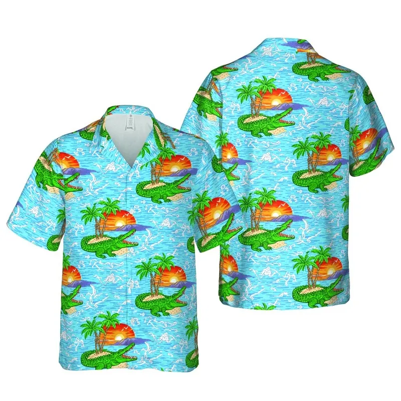 Emerald Alligator Open Jaws Palm Tree Island Sunset Water Wave Birds Mountains Design Short-sleeve Hawaiian Shirt - 1
