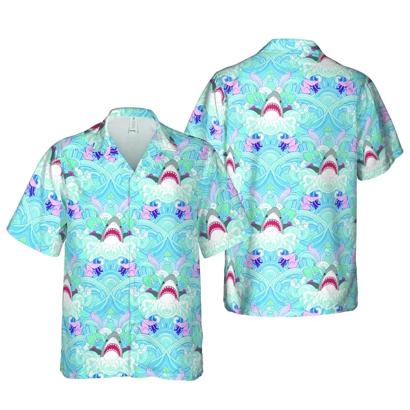 Ocean Life: Grey Shark, Pink Mermaid Tails, Blue Concentric Wave Fabric Pattern Short-sleeve Hawaiian Shirt - 1
