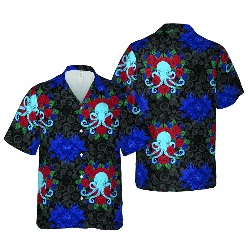 Blue Octopus Rose Hawaiian Floral Pattern: Tentacle Bloom Green Leaf Black Bubble Background Short-sleeve Hawaiian Shirt - 1