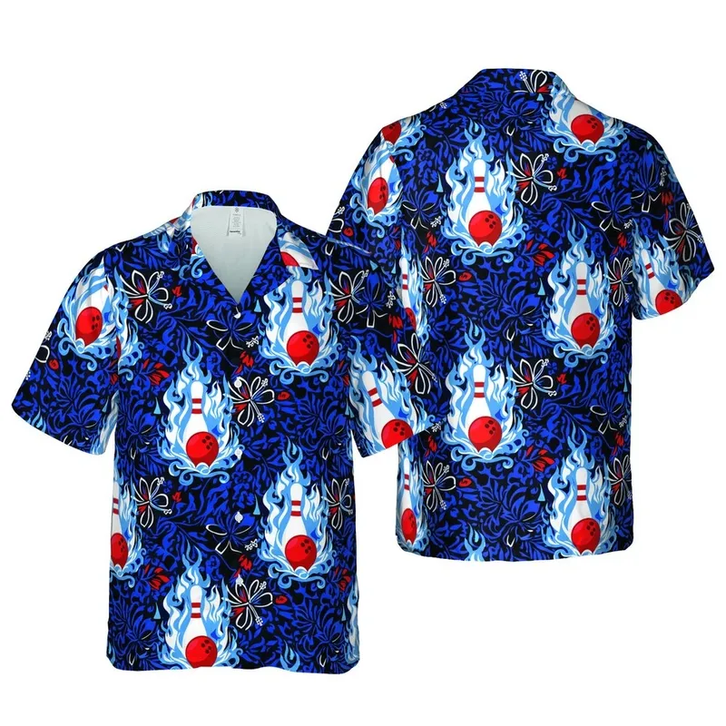 Bowler's Hawaiian Pattern: Red Striped Pins, Electric Blue Flames, Dark Navy Art Short-sleeve Hawaiian Shirt - 1
