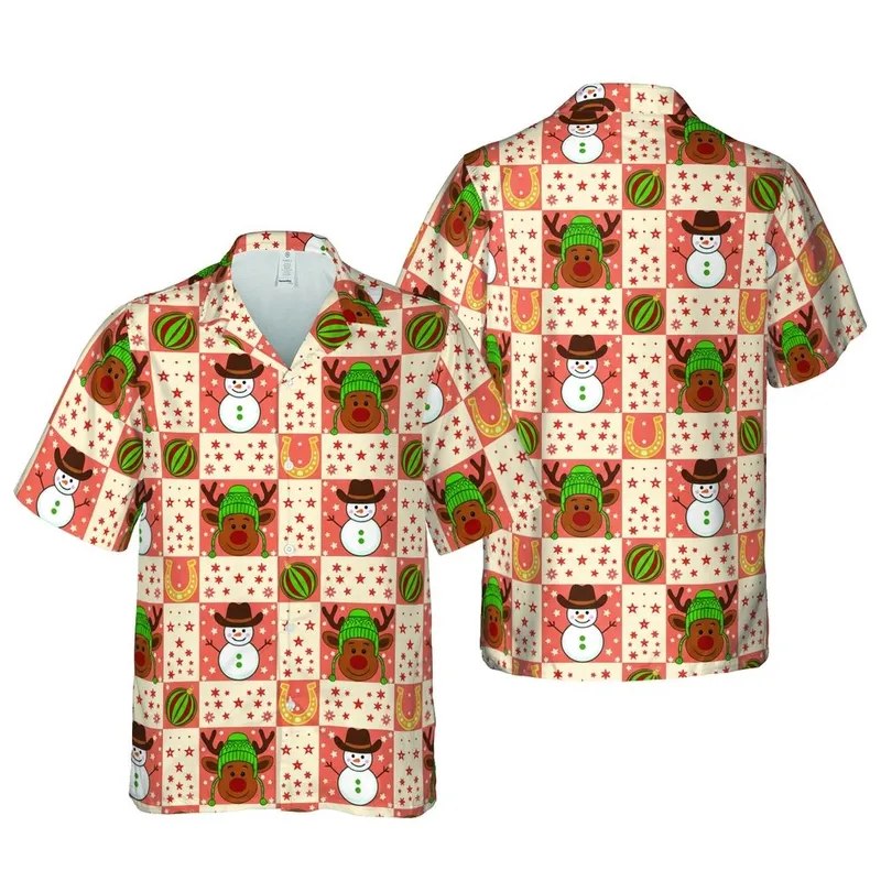 Christmas Western Gingerbread Snowman Reindeer Cowboy Hat Holly Horseshoe Checkerboard Short-sleeve Hawaiian Shirt - 1