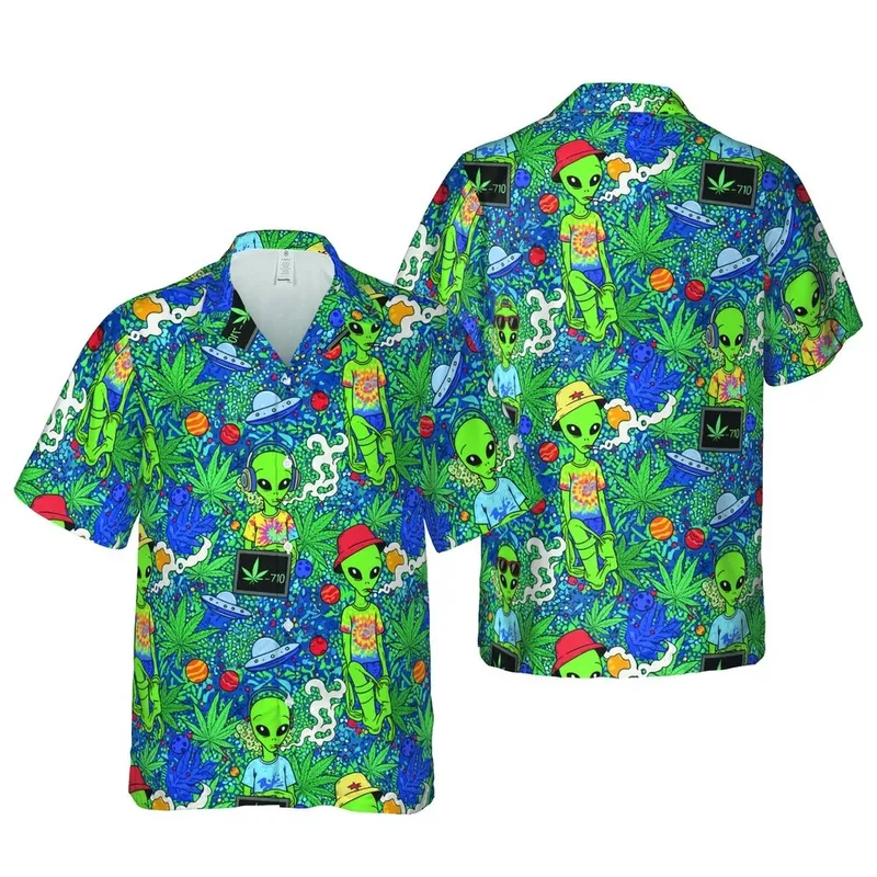 Green Alien Tropical Space Leaf Pattern with Planets & Flying Saucers Sublimation Graphic Short-sleeve Hawaiian Shirt - 1