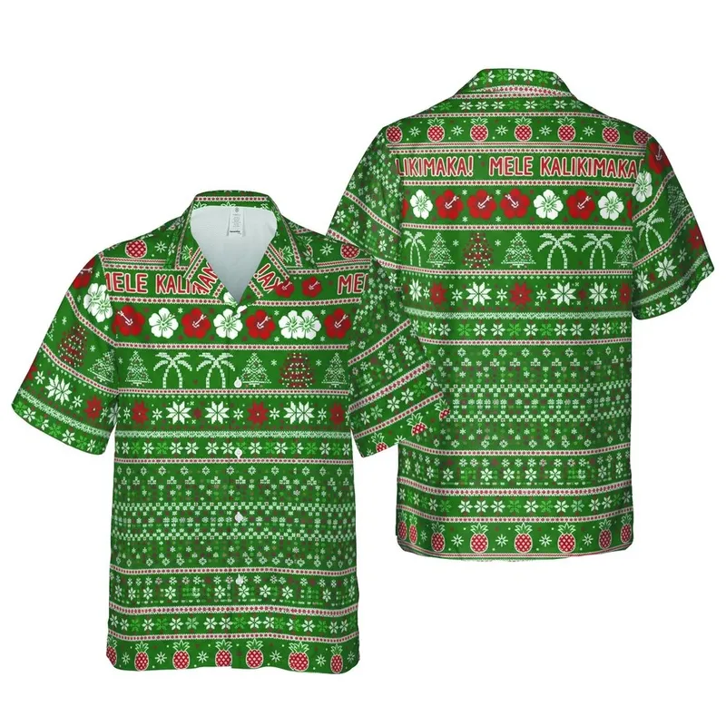 Mele Kalikimaka Holiday Hawaiian Fair Isle Pineapples Sea Turtles Knit Design Short-sleeve Hawaiian Shirt - 1