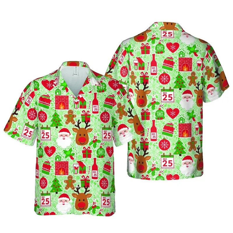 Hawaiian Christmas Design: Santa, Gingerbread, Reindeer, Snowmen, Gifts, Holly, Snowflakes Short-sleeve Hawaiian Shirt - 1