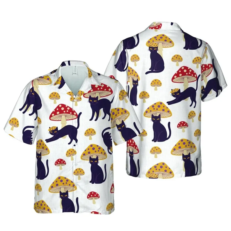 Black Cat Mushroom Hawaiian Pattern: Feline Fungi Red Yellow Purple Dots White Linen Short-sleeve Hawaiian Shirt - 1